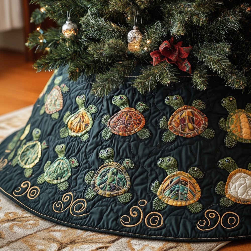 Dark Teal Christmas Tree Skirt With Small Turtle Pattern — Custom Coastal Holiday Skirt, Handmade Accent For Beach Homes & Gifts