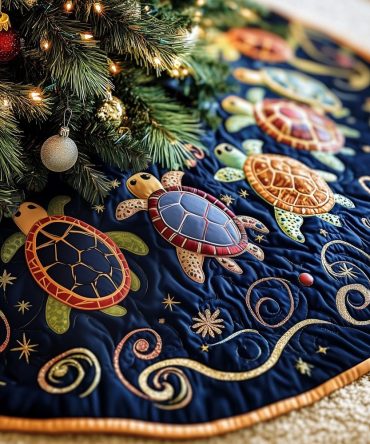 Navy Christmas Tree Skirt With Gold Swirl Turtles — Sophisticated Made-To-Order Holiday Decor, Nautical Pet & Coastal Themed Gift