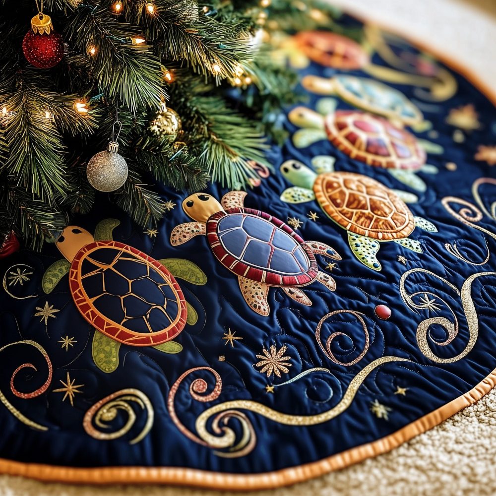 Navy Christmas Tree Skirt With Gold Swirl Turtles — Sophisticated Made-To-Order Holiday Decor, Nautical Pet & Coastal Themed Gift