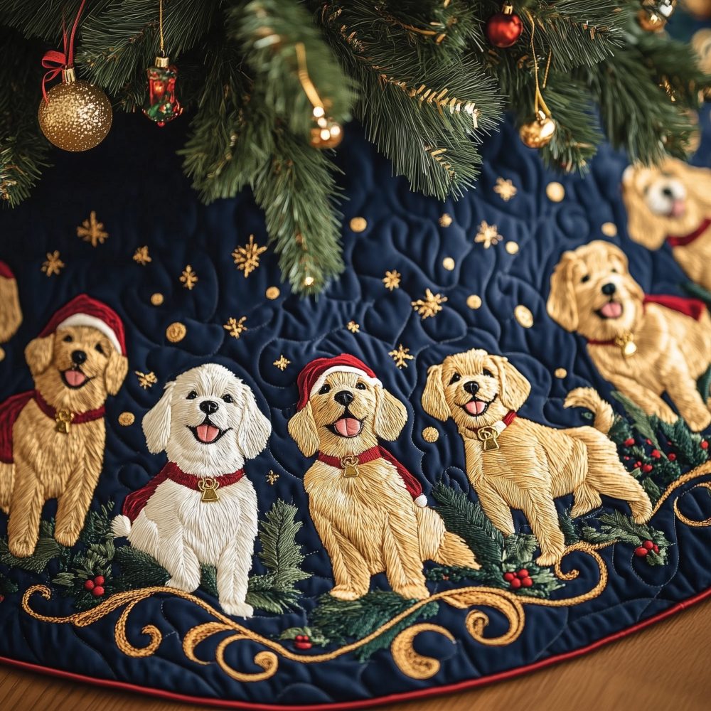Midnight Gold Retriever Pups Tree Skirt — Custom Handmade Dog Lover Christmas Skirt, Retriever Puppy Holiday Décor