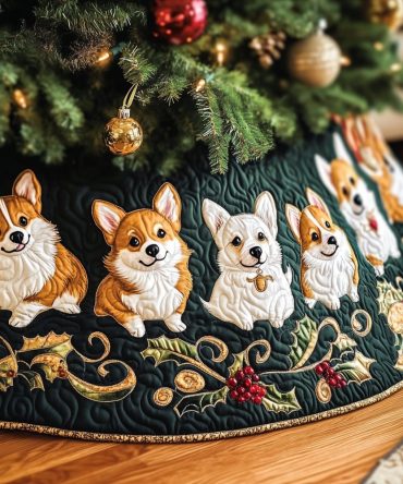 Emerald Gold Corgi Holiday Tree Skirt — Custom Handmade Christmas Tree Skirt With Elegant Gold Scrolls For Corgi Lovers