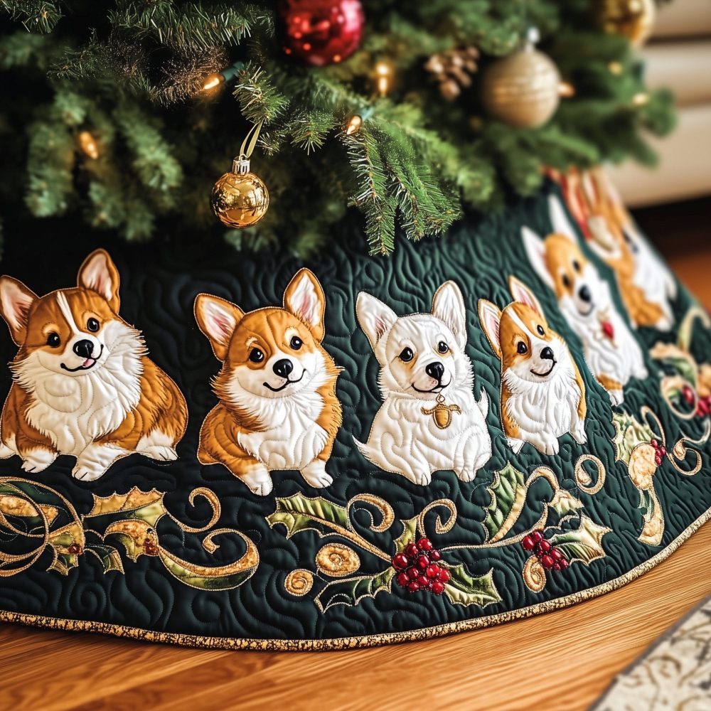 Emerald Gold Corgi Holiday Tree Skirt — Custom Handmade Christmas Tree Skirt With Elegant Gold Scrolls For Corgi Lovers