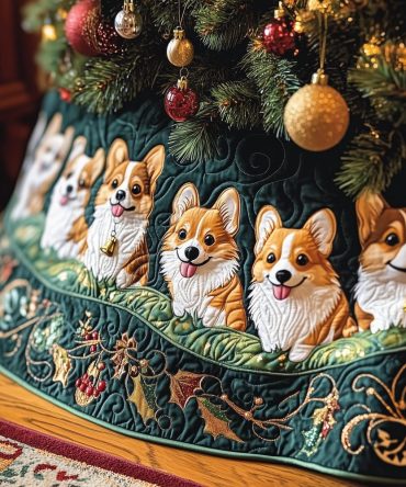Wine Scroll Corgi Five Custom Christmas Tree Skirt — Handmade Holiday Tree Skirt Featuring Five Corgis And Luxurious Wine Accents