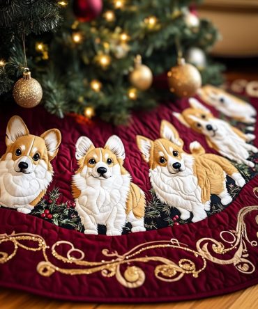 Emerald & Gold Corgi Christmas Tree Skirt — Custom White Backdrop With Gold Swirl Design, Handmade Holiday Tree Skirt