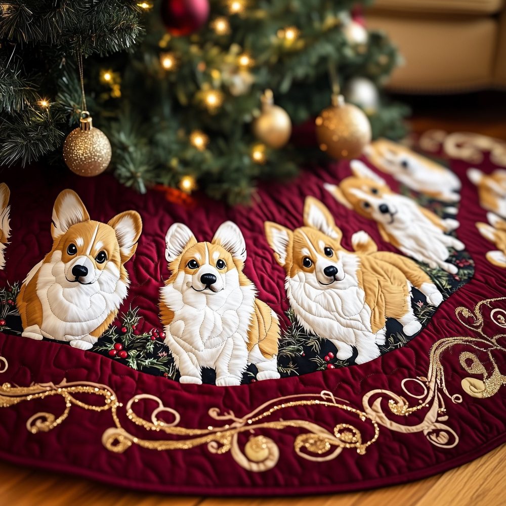 Emerald & Gold Corgi Christmas Tree Skirt — Custom White Backdrop With Gold Swirl Design, Handmade Holiday Tree Skirt