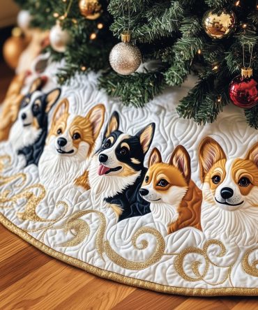 Custom Corgi Christmas Tree Skirt With Pine Bough Border — Handmade Holiday Tree Skirt, Perfect Gift For Corgi Owners