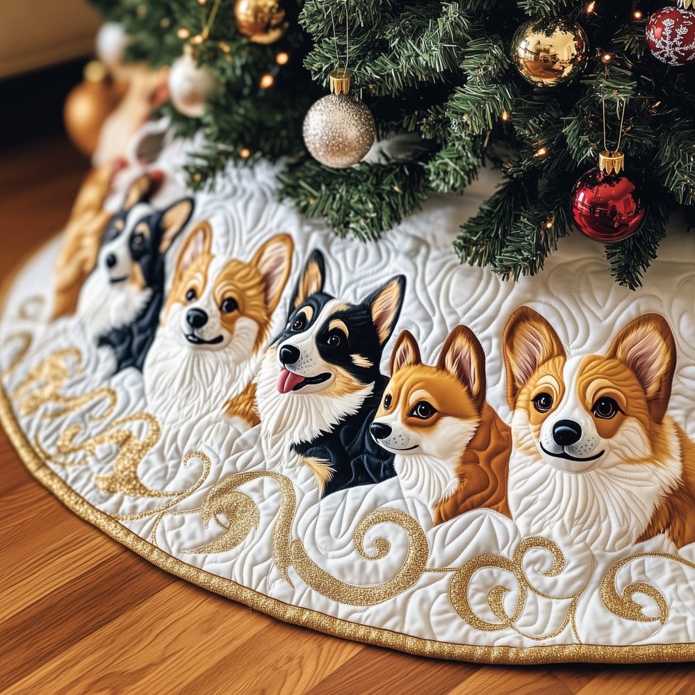 Custom Corgi Christmas Tree Skirt With Pine Bough Border — Handmade Holiday Tree Skirt, Perfect Gift For Corgi Owners
