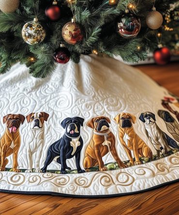 Golden Scroll Boxer Row Christmas Tree Skirt — Luxurious Gold Accent Holiday Skirt With Boxer Dog Motif, Custom Sizes Available