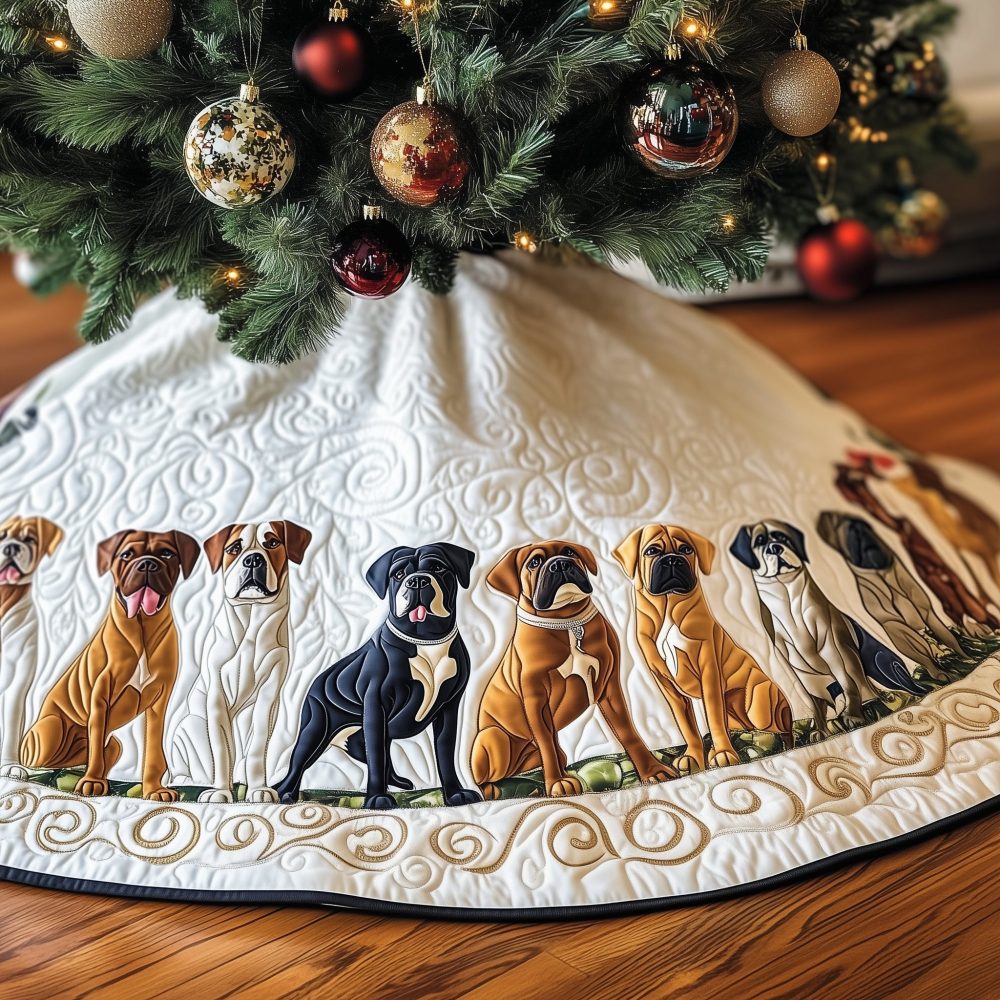 Golden Scroll Boxer Row Christmas Tree Skirt — Luxurious Gold Accent Holiday Skirt With Boxer Dog Motif, Custom Sizes Available