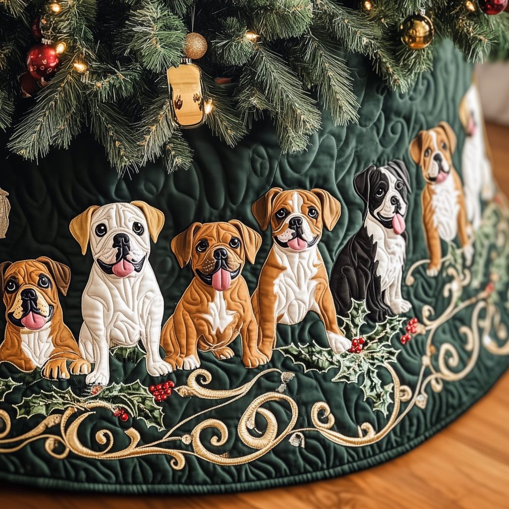 Holiday Holly Garland Boxer Dog Christmas Tree Skirt — Custom Made Pet-Themed Green Holiday Skirt, Soft Durable Fabric Options