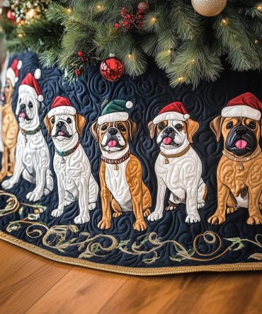Boxers In Santa Hats Navy Holiday Skirt - Handcrafted Navy Christmas Tree Skirt With Santa Hat Pups, Custom Fit & Holiday Gift Idea