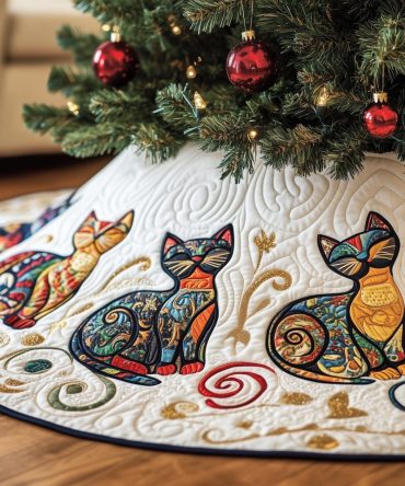 Custom Folk-Art Cat Christmas Tree Skirt With Swirled Color Design — Handmade Holiday Tree Skirt For Cat Lovers, Personalized Decor