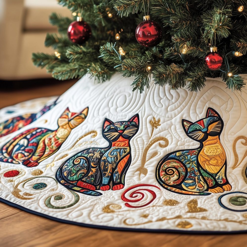 Custom Folk-Art Cat Christmas Tree Skirt With Swirled Color Design — Handmade Holiday Tree Skirt For Cat Lovers, Personalized Decor