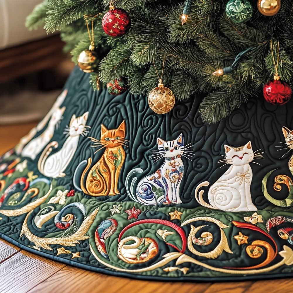 Emerald Folk Cats Scroll Christmas Tree Skirt — Artisan-Inspired Cat Design With Gold Scrolls, Custom Made For Holidays