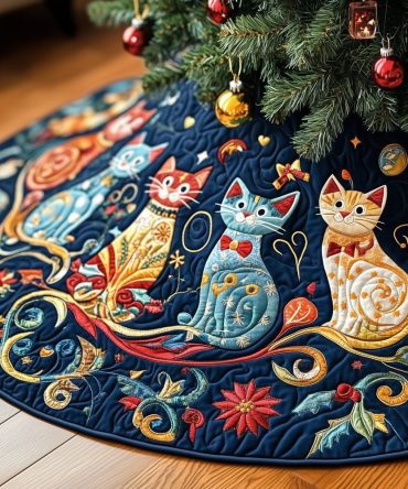 Navy Paisley Folk Cats Christmas Tree Skirt — Boho-Inspired Cat Motif, Custom Handmade, Unique Holiday Décor