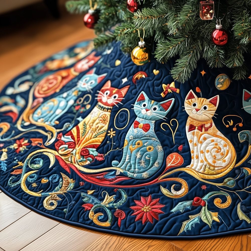 Navy Paisley Folk Cats Christmas Tree Skirt — Boho-Inspired Cat Motif, Custom Handmade, Unique Holiday Décor