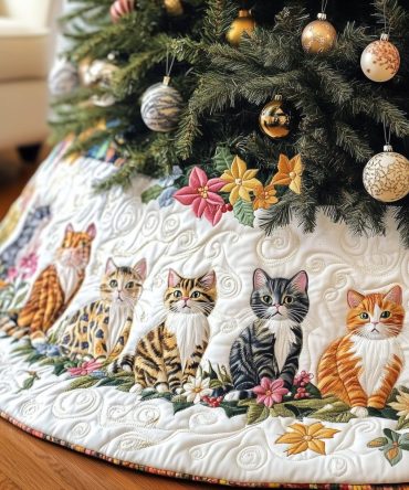 Charming Ginger & Tabby Kitten Christmas Tree Skirt With Floral Accents — Handmade Quilted, Custom Sizes Available, Ships In 2–3 Weeks