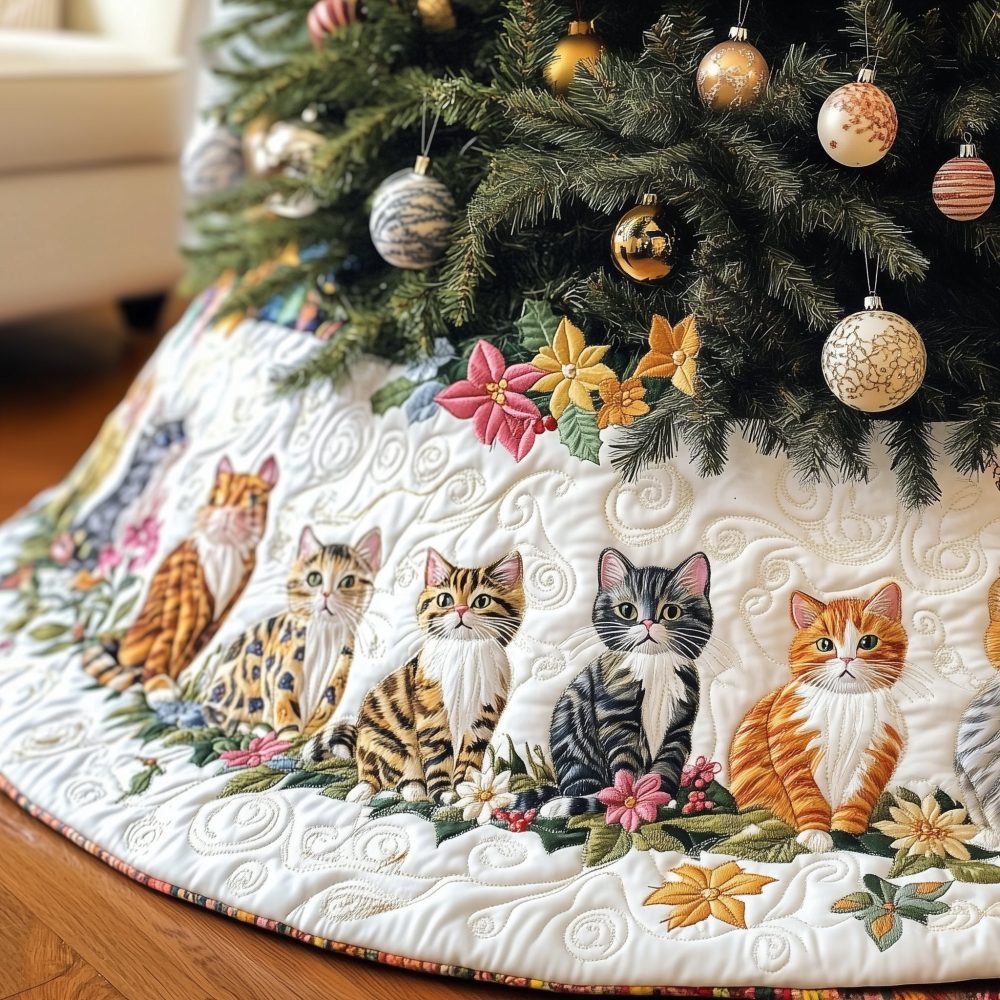 Charming Ginger & Tabby Kitten Christmas Tree Skirt With Floral Accents — Handmade Quilted, Custom Sizes Available, Ships In 2–3 Weeks
