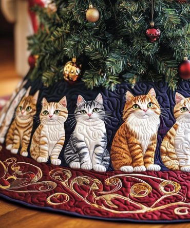 Red Swirl Border Cats Christmas Tree Skirt — Handmade Custom Holiday Tree Collar With Playful Cat Motif, Premium Gift Option