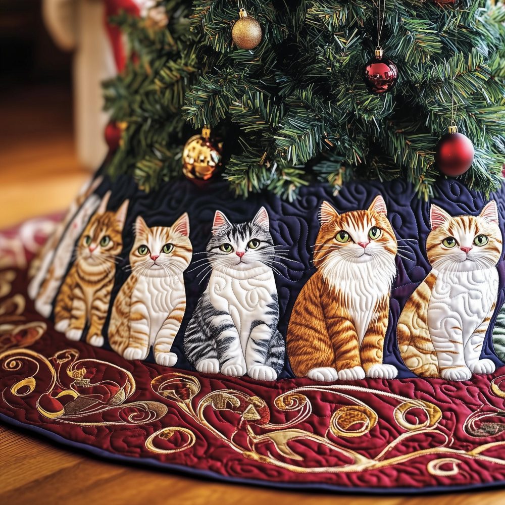 Red Swirl Border Cats Christmas Tree Skirt — Handmade Custom Holiday Tree Collar With Playful Cat Motif, Premium Gift Option