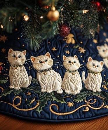 Luxurious Navy & Cream Cat Christmas Tree Skirt With Gold Scrolls — Handmade Quilted Design, Custom Sizes Available, Ships In 2–3 Weeks