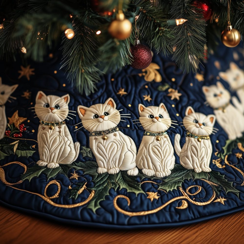 Luxurious Navy & Cream Cat Christmas Tree Skirt With Gold Scrolls — Handmade Quilted Design, Custom Sizes Available, Ships In 2–3 Weeks