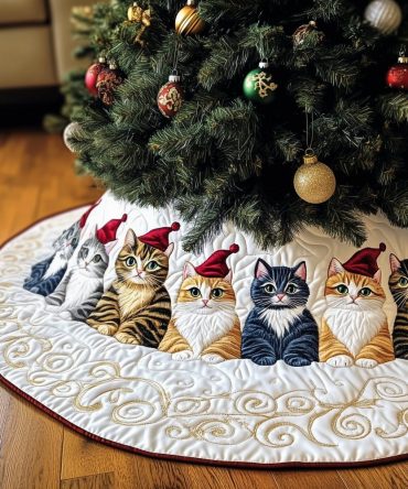 Santa Hat Cats On White Swirls Christmas Tree Skirt — Custom Handmade Festive Pet-Themed Tree Collar, Soft Holiday Home Accent