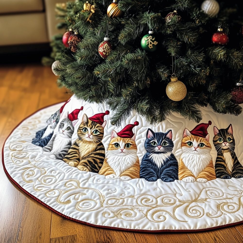 Santa Hat Cats On White Swirls Christmas Tree Skirt — Custom Handmade Festive Pet-Themed Tree Collar, Soft Holiday Home Accent