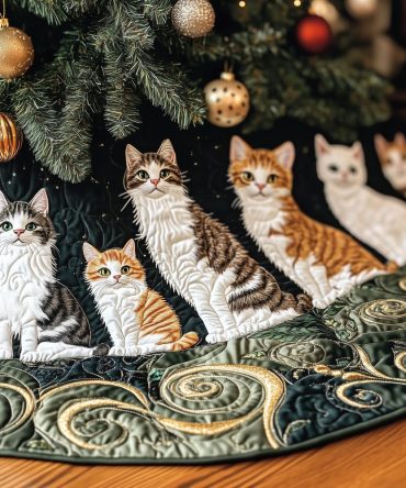 Teal Green Ginger & Grey Cats Christmas Tree Skirt — Handmade Custom Cat-Themed Holiday Tree Collar, Perfect Pet Lover Gift