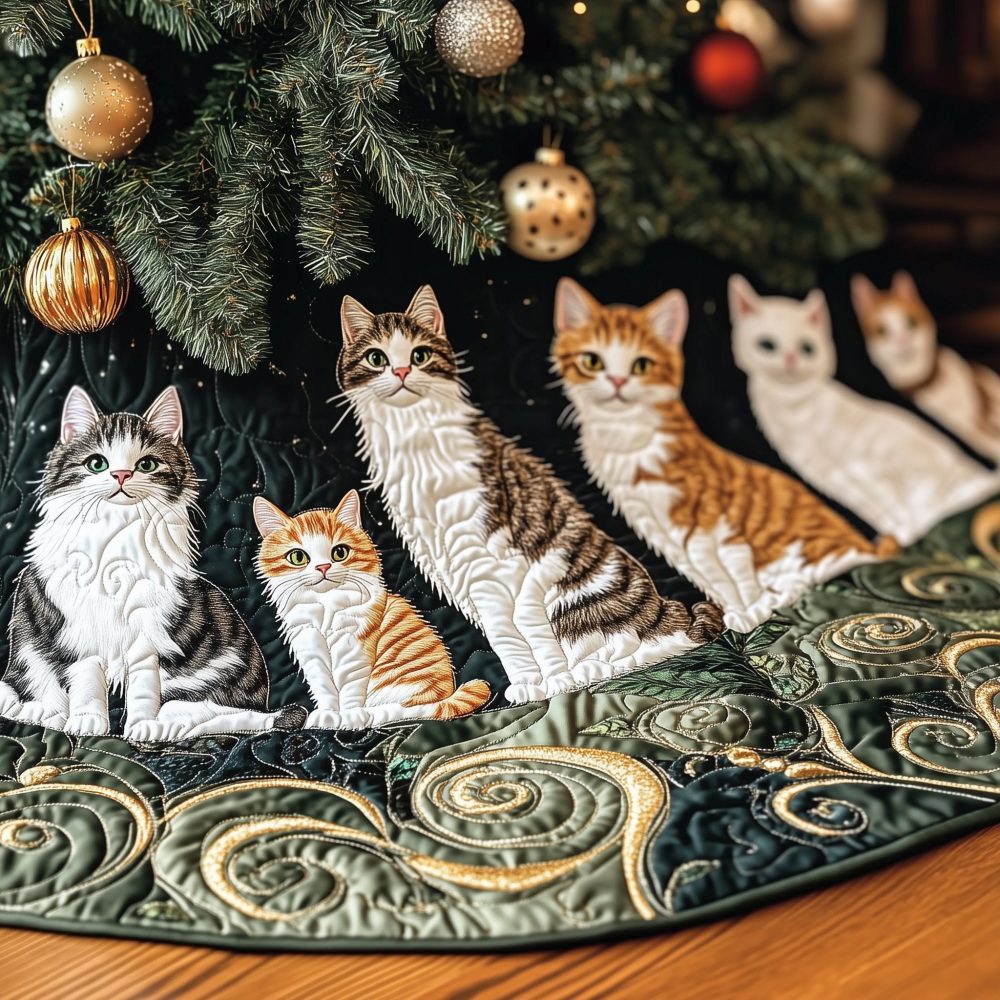Teal Green Ginger & Grey Cats Christmas Tree Skirt — Handmade Custom Cat-Themed Holiday Tree Collar, Perfect Pet Lover Gift