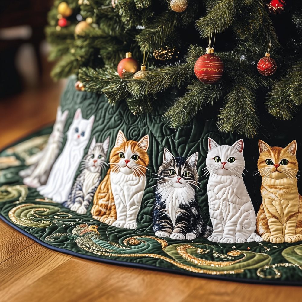 Green & Gold Fluffy Cats Christmas Tree Skirt — Custom Handmade Cat Lover Holiday Tree Collar With Elegant Scroll Accents