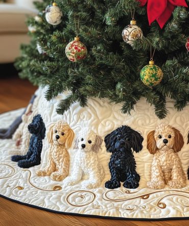 Luxury Black & Cream Poodle Christmas Tree Skirt With Gold Swirls - Custom Made Holiday Tree Collar For Dog Lovers