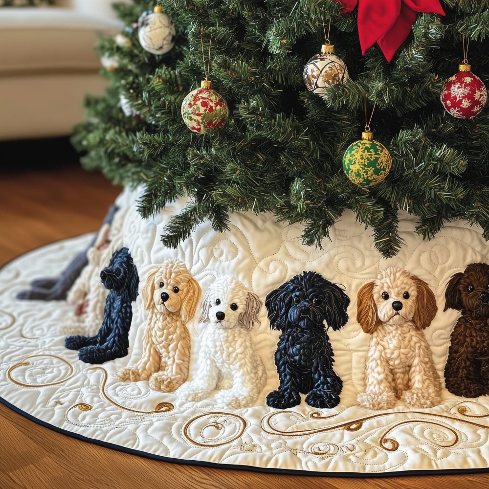 Luxury Black & Cream Poodle Christmas Tree Skirt With Gold Swirls - Custom Made Holiday Tree Collar For Dog Lovers