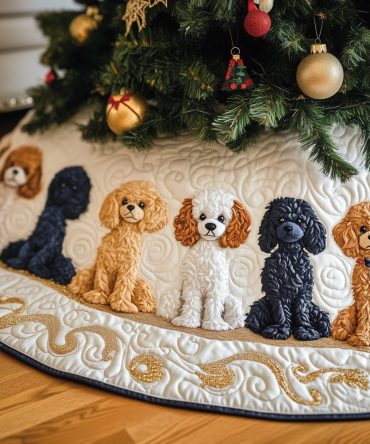 Apricot & Black Poodle Christmas Tree Skirt On White - Custom Made Holiday Tree Collar For Poodle Lovers