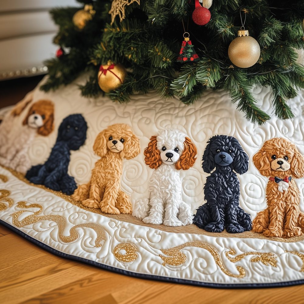 Apricot & Black Poodle Christmas Tree Skirt On White - Custom Made Holiday Tree Collar For Poodle Lovers