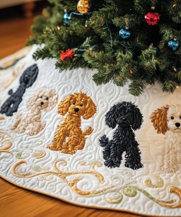 Ivory Quilted Tree Skirt With Golden Poodle Trio - Made-To-Order Elegant Holiday Skirt For Poodle Enthusiasts