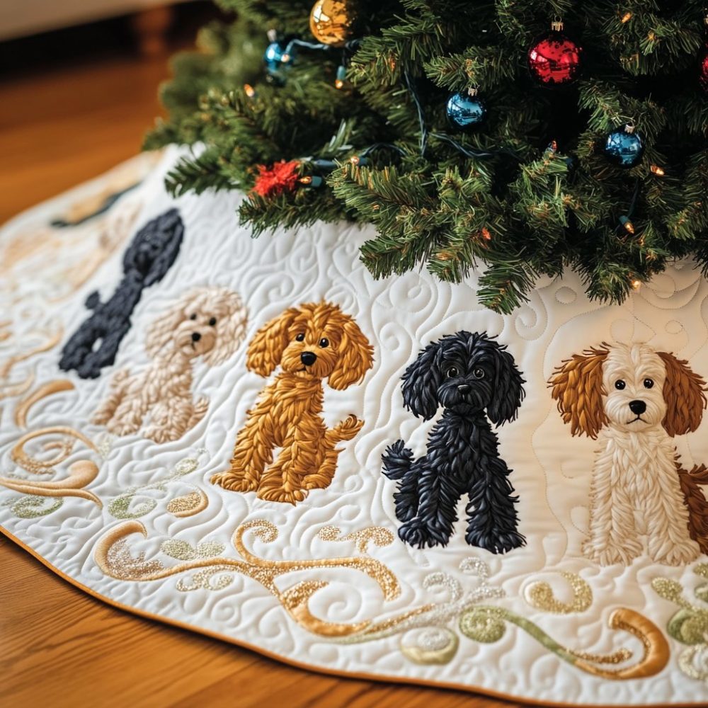 Ivory Quilted Tree Skirt With Golden Poodle Trio - Made-To-Order Elegant Holiday Skirt For Poodle Enthusiasts