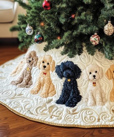 Classic Cream Quilted Tree Skirt With Central Black Poodle Accent - Made-To-Order Holiday Skirt For Poodle Lovers