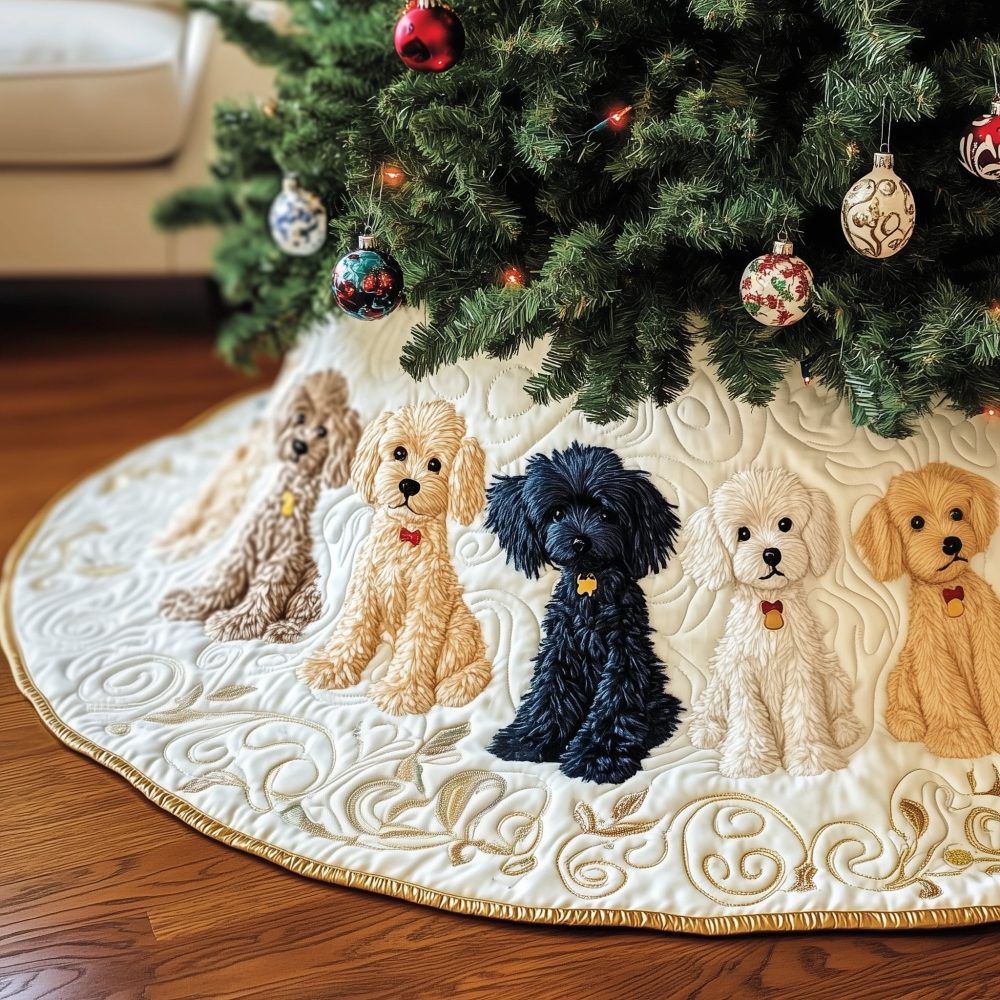 Classic Cream Quilted Tree Skirt With Central Black Poodle Accent - Made-To-Order Holiday Skirt For Poodle Lovers