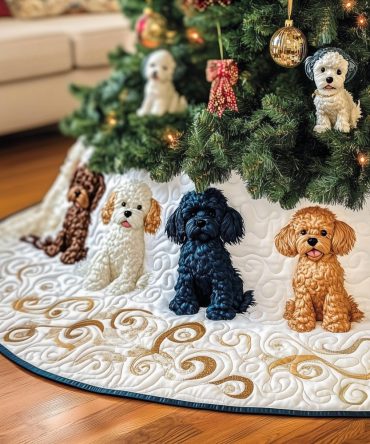 Navy Rim Quilted Tree Skirt With Grey & Apricot Poodles - Custom Holiday Skirt, Made-To-Order Pet Décor