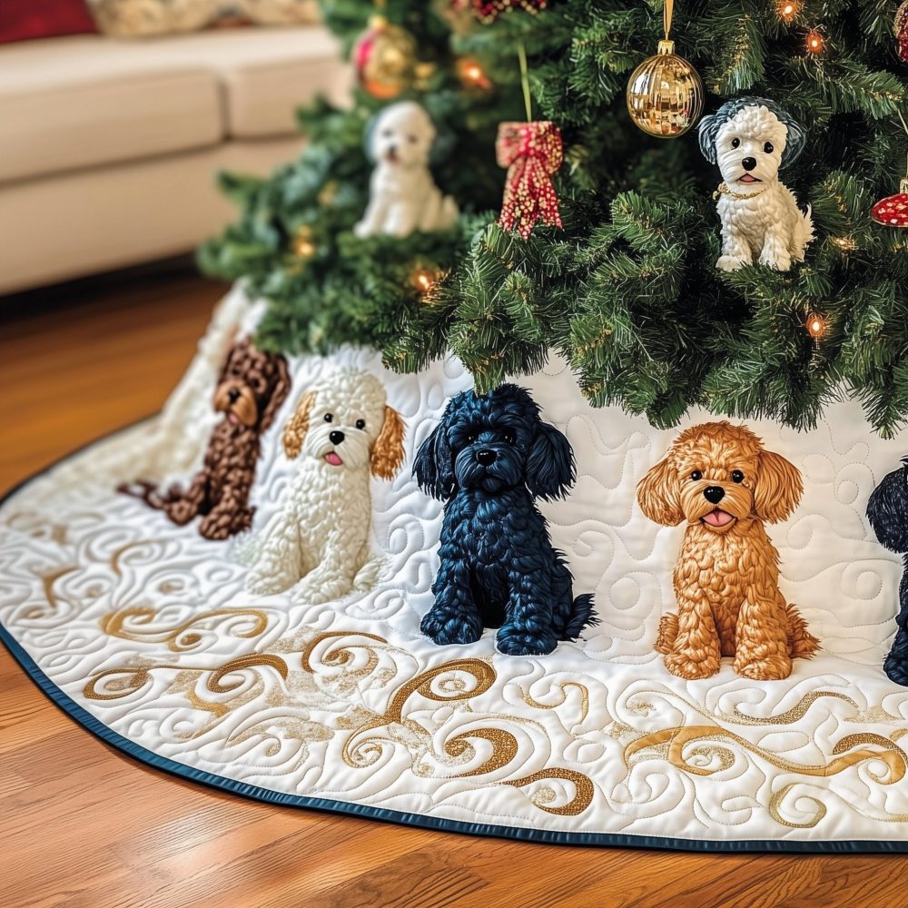 Navy Rim Quilted Tree Skirt With Grey & Apricot Poodles - Custom Holiday Skirt, Made-To-Order Pet Décor