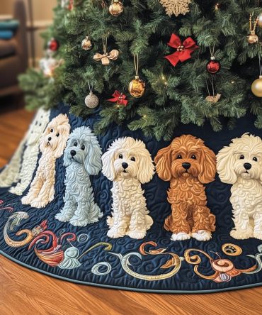 Navy And Gold Scrollwork Tree Skirt With Poodles - Made-To-Order Luxurious Quilted Christmas Skirt For Poodle Fans