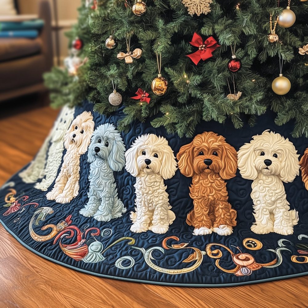 Navy And Gold Scrollwork Tree Skirt With Poodles - Made-To-Order Luxurious Quilted Christmas Skirt For Poodle Fans