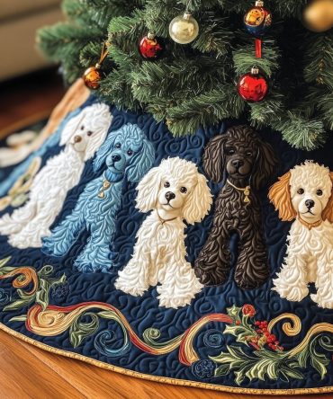 Navy & Blue Quilted Tree Skirt With Blue And White Poodles - Custom Holiday Skirt, Made-To-Order Pet Décor