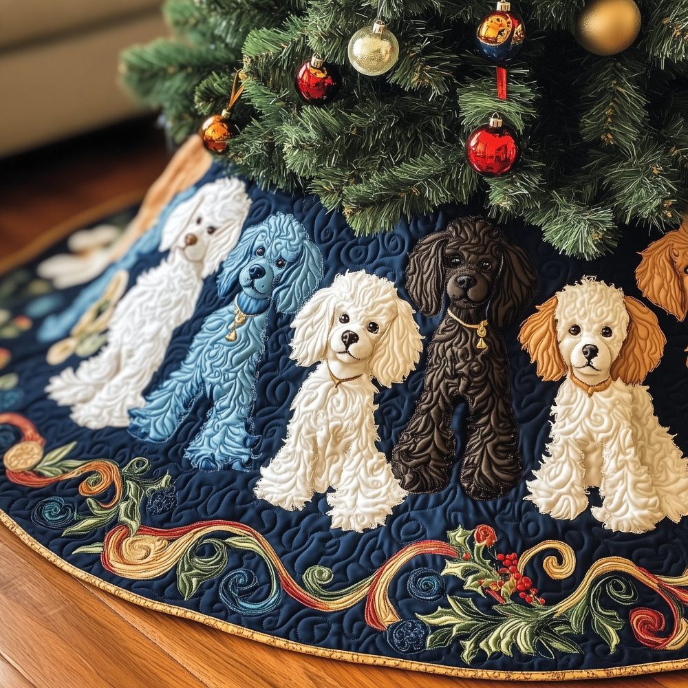 Navy & Blue Quilted Tree Skirt With Blue And White Poodles - Custom Holiday Skirt, Made-To-Order Pet Décor