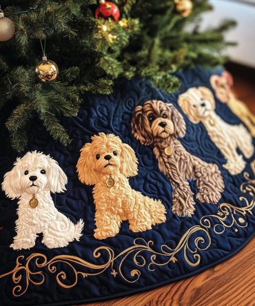 Charcoal Quilted Tree Skirt With Apricot Poodles On Scroll Motif - Custom Made Holiday Décor, Made-To-Order