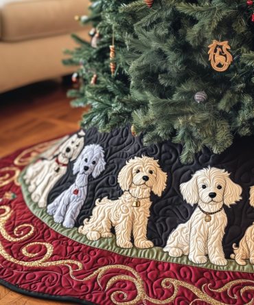 Burgundy Quilted Tree Skirt With Cream Poodles On Quilted Medallions - Custom-Made Holiday Décor