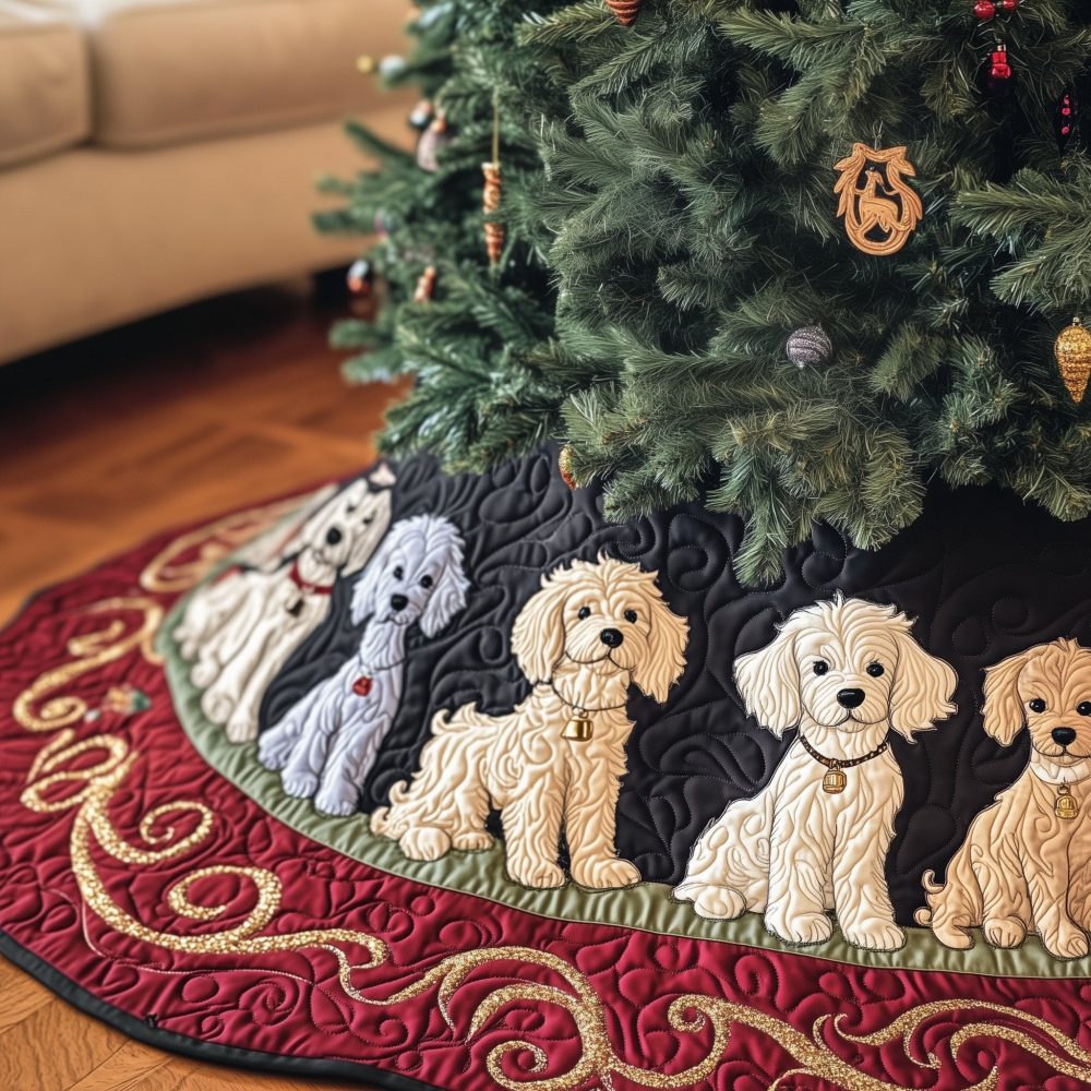 Burgundy Quilted Tree Skirt With Cream Poodles On Quilted Medallions - Custom-Made Holiday Décor