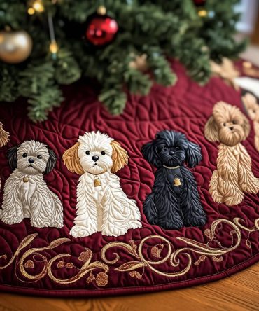 Red Scroll Quilted Tree Skirt With White & Black Doodles - Custom Made Holiday Skirt For Doodle Lovers