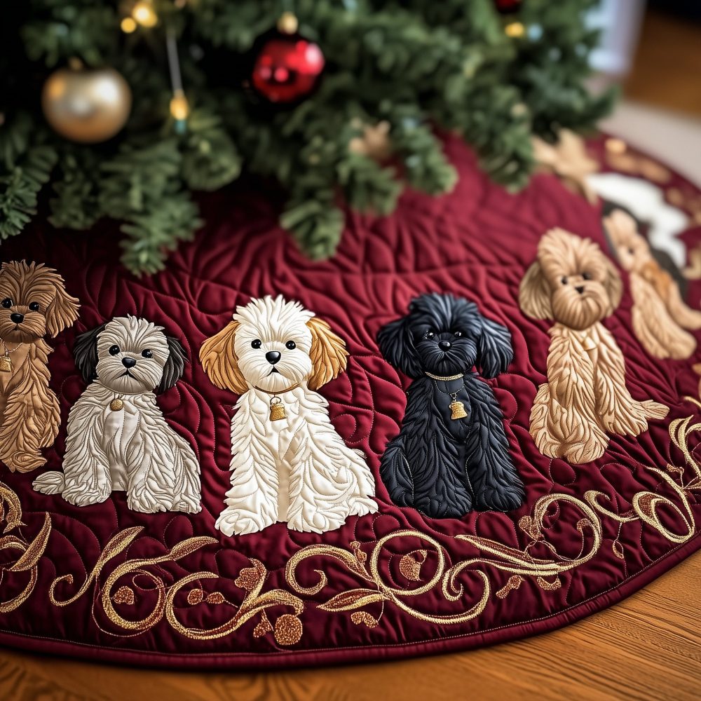 Red Scroll Quilted Tree Skirt With White & Black Doodles - Custom Made Holiday Skirt For Doodle Lovers